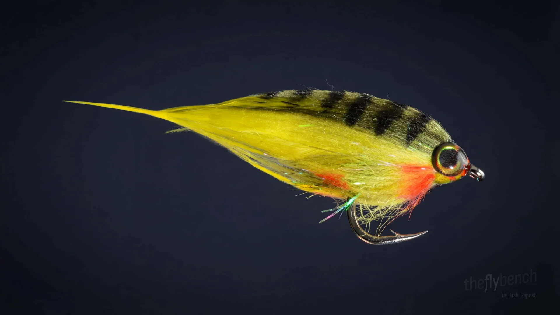 Cheech's Low Fat Minnow fly pattern - imitates Small Perch tied for Bass, Pike